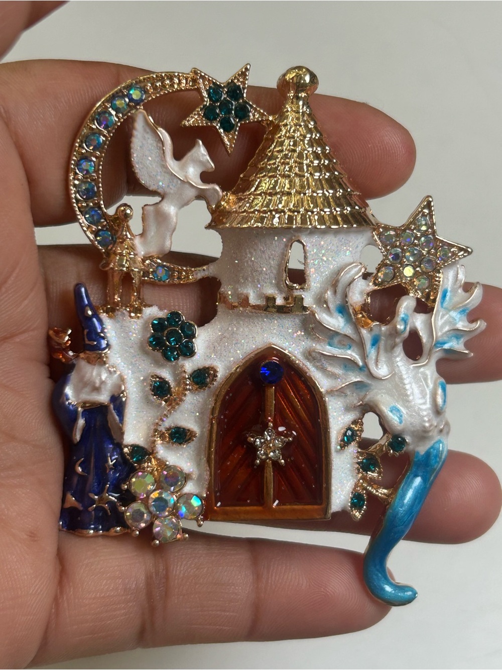 Whimsical Castle Brooch with Wizard and Unicorn - Gold, White, Blue